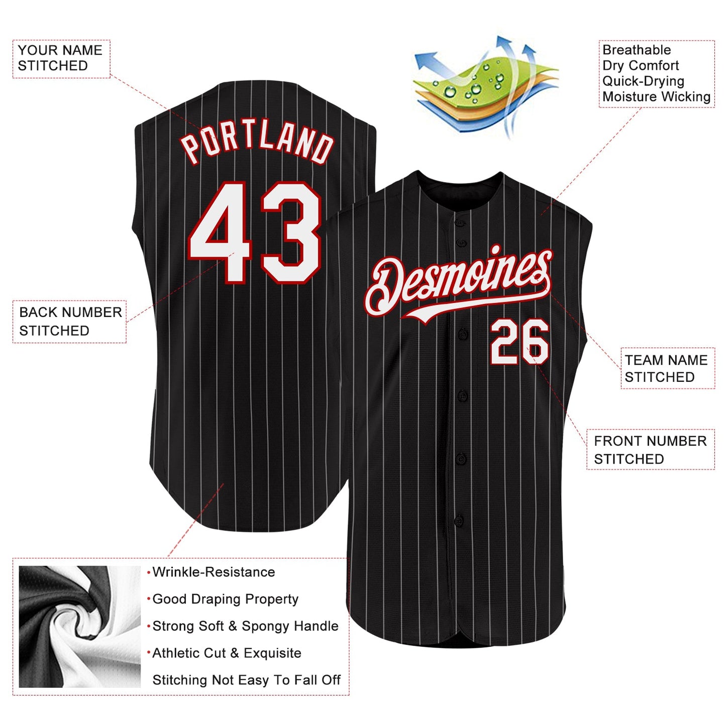 Custom Black White Pinstripe Red Authentic Sleeveless Baseball Jersey - Sky-Custom