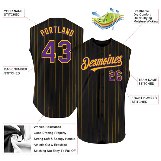 Custom Black Gold Pinstripe Purple Authentic Sleeveless Baseball Jersey - Sky-Custom