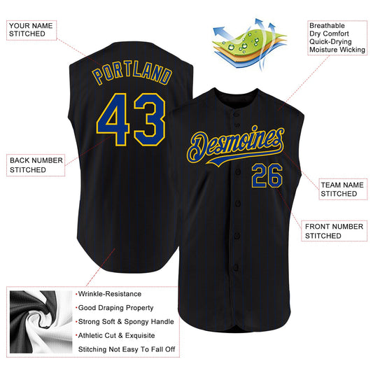 Custom Black Royal Pinstripe Yellow Authentic Sleeveless Baseball Jersey - Sky-Custom