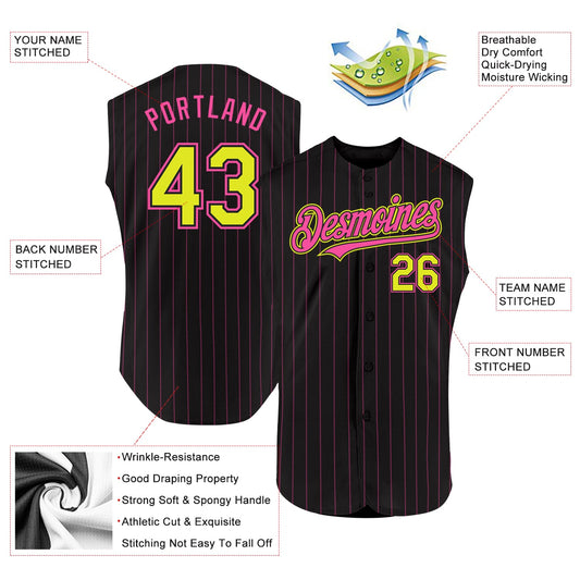 Custom Black Pink Pinstripe Neon Yellow Authentic Sleeveless Baseball Jersey - Sky-Custom