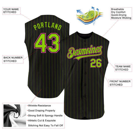 Custom Black Neon Green Pinstripe Pink Authentic Sleeveless Baseball Jersey - Sky-Custom