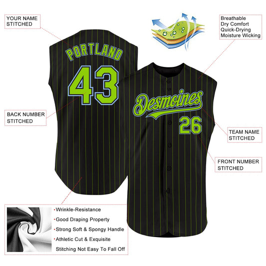 Custom Black Neon Green Pinstripe Light Blue Authentic Sleeveless Baseball Jersey - Sky-Custom