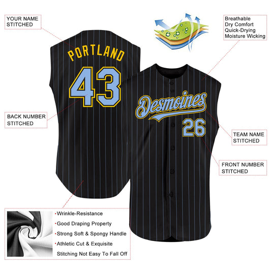Custom Black Light Blue Pinstripe Yellow Authentic Sleeveless Baseball Jersey - Sky-Custom
