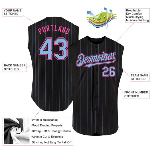 Custom Black Light Blue Pinstripe Pink Authentic Sleeveless Baseball Jersey - Sky-Custom
