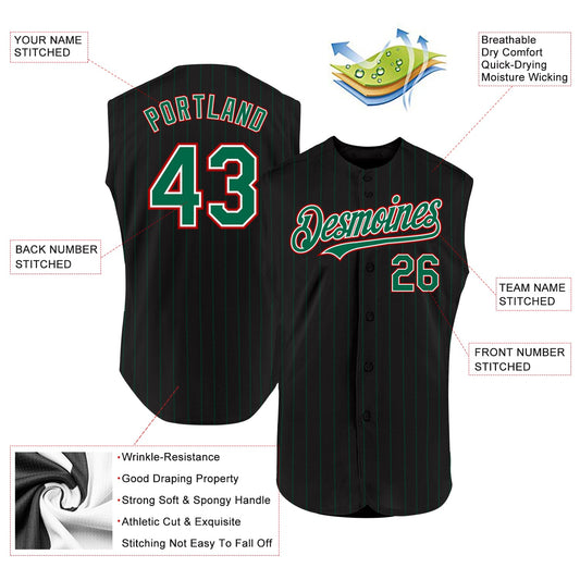 Custom Black Kelly Green Pinstripe White-Red Authentic Sleeveless Baseball Jersey - Sky-Custom