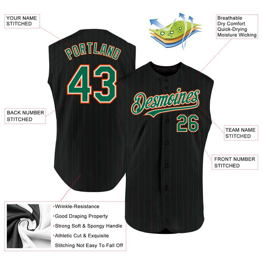 Custom Black Kelly Green Pinstripe White-Orange Authentic Sleeveless Baseball Jersey - Sky-Custom