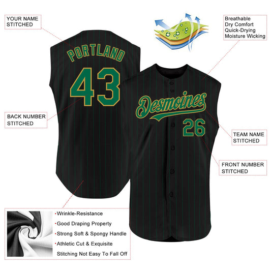 Custom Black Kelly Green Pinstripe Old Gold Authentic Sleeveless Baseball Jersey - Sky-Custom