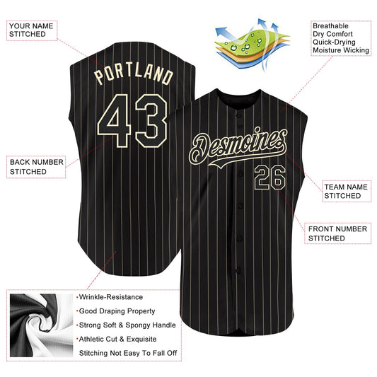 Custom Black Cream Pinstripe Cream Authentic Sleeveless Baseball Jersey - Sky-Custom