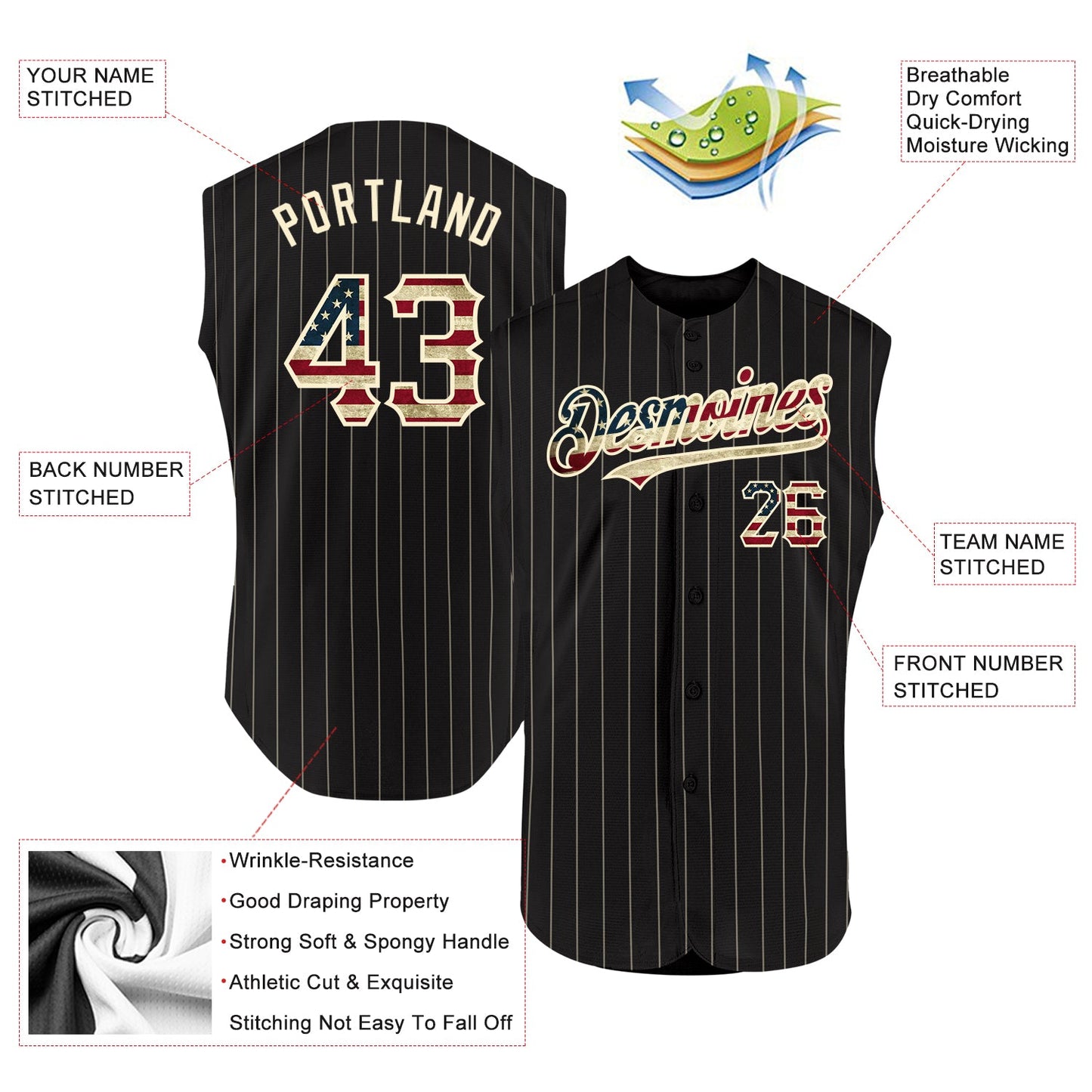 Custom Black Cream Pinstripe Vintage USA Flag Authentic Sleeveless Baseball Jersey - Sky-Custom