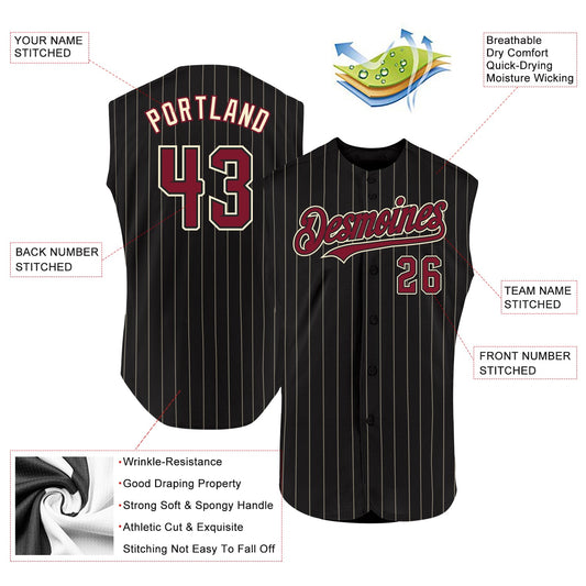 Custom Black Cream Pinstripe Crimson Authentic Sleeveless Baseball Jersey - Sky-Custom