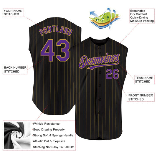 Custom Black Old Gold Pinstripe Purple Authentic Sleeveless Baseball Jersey - Sky-Custom