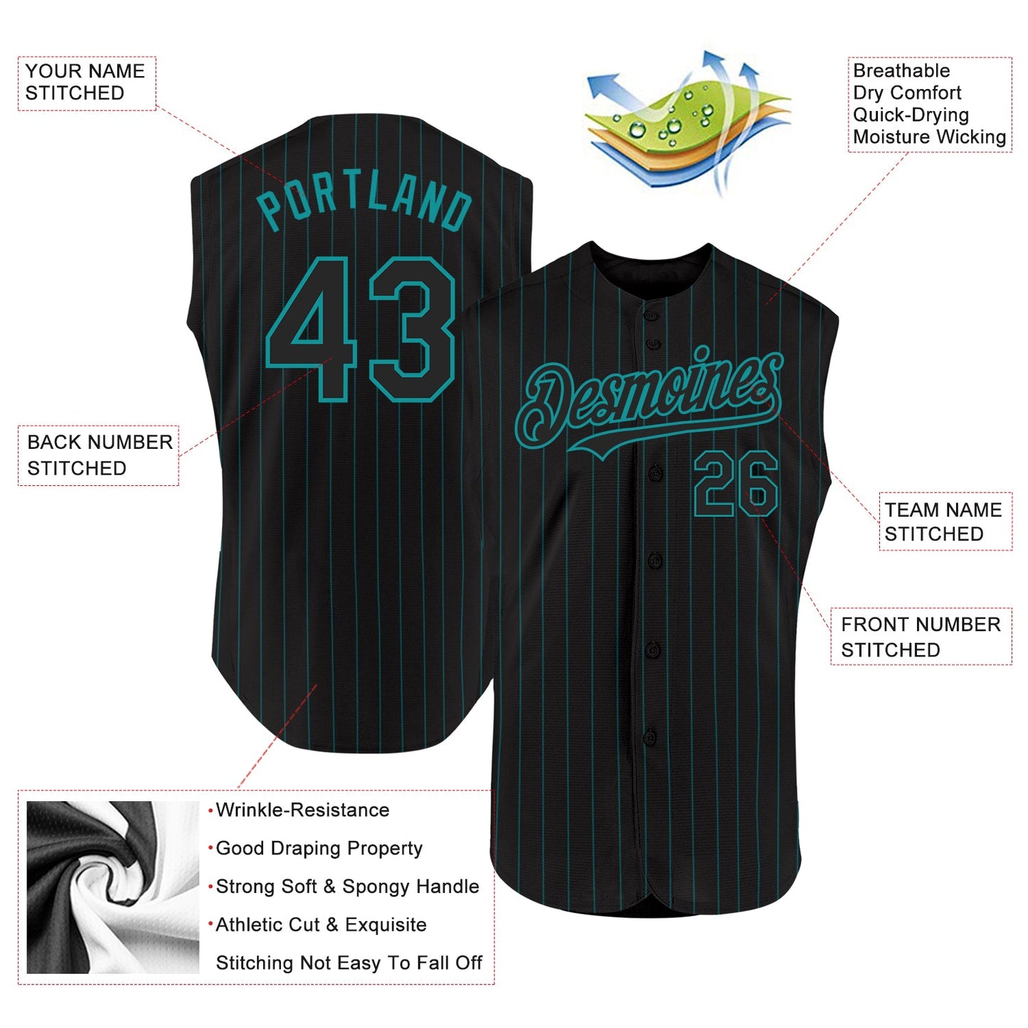 Custom Black Teal Pinstripe Teal Authentic Sleeveless Baseball Jersey - Sky-Custom