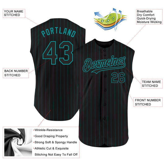 Custom Black Teal Pinstripe Teal Authentic Sleeveless Baseball Jersey - Sky-Custom