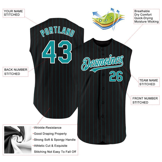 Custom Black Teal Pinstripe White Authentic Sleeveless Baseball Jersey - Sky-Custom