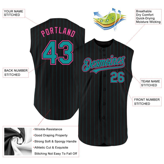 Custom Black Teal Pinstripe Pink Authentic Sleeveless Baseball Jersey - Sky-Custom