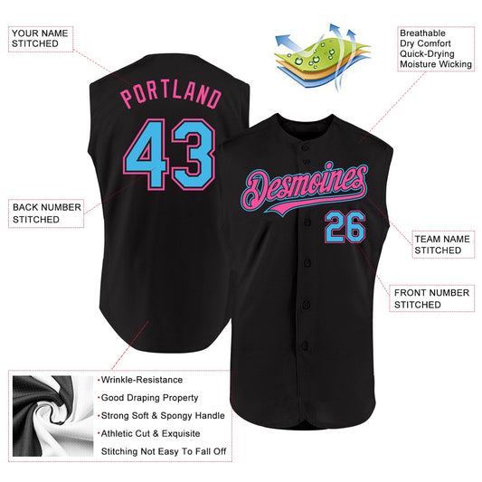 Custom Black Sky Blue-Pink Authentic Sleeveless Baseball Jersey - Sky-Custom