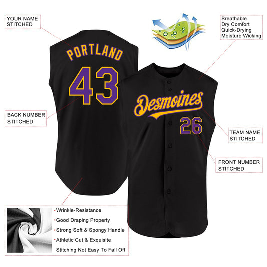 Custom Black Purple-Gold Authentic Sleeveless Baseball Jersey - Sky-Custom