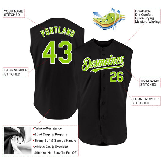 Custom Black Neon Green-White Authentic Sleeveless Baseball Jersey - Sky-Custom
