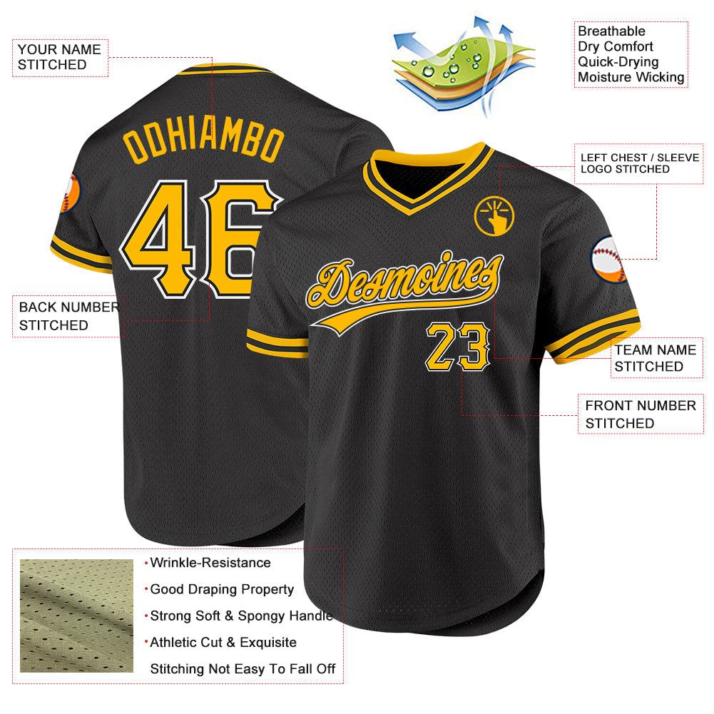 Custom Black Gold-White Authentic Throwback Baseball Jersey - Sky-Custom