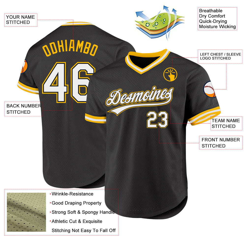 Custom Black White-Gold Authentic Throwback Baseball Jersey - Sky-Custom