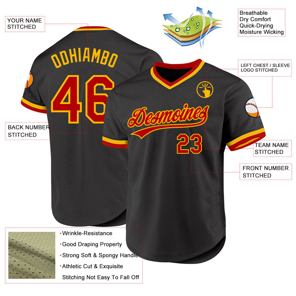Custom Black Red-Gold Authentic Throwback Baseball Jersey - Sky-Custom