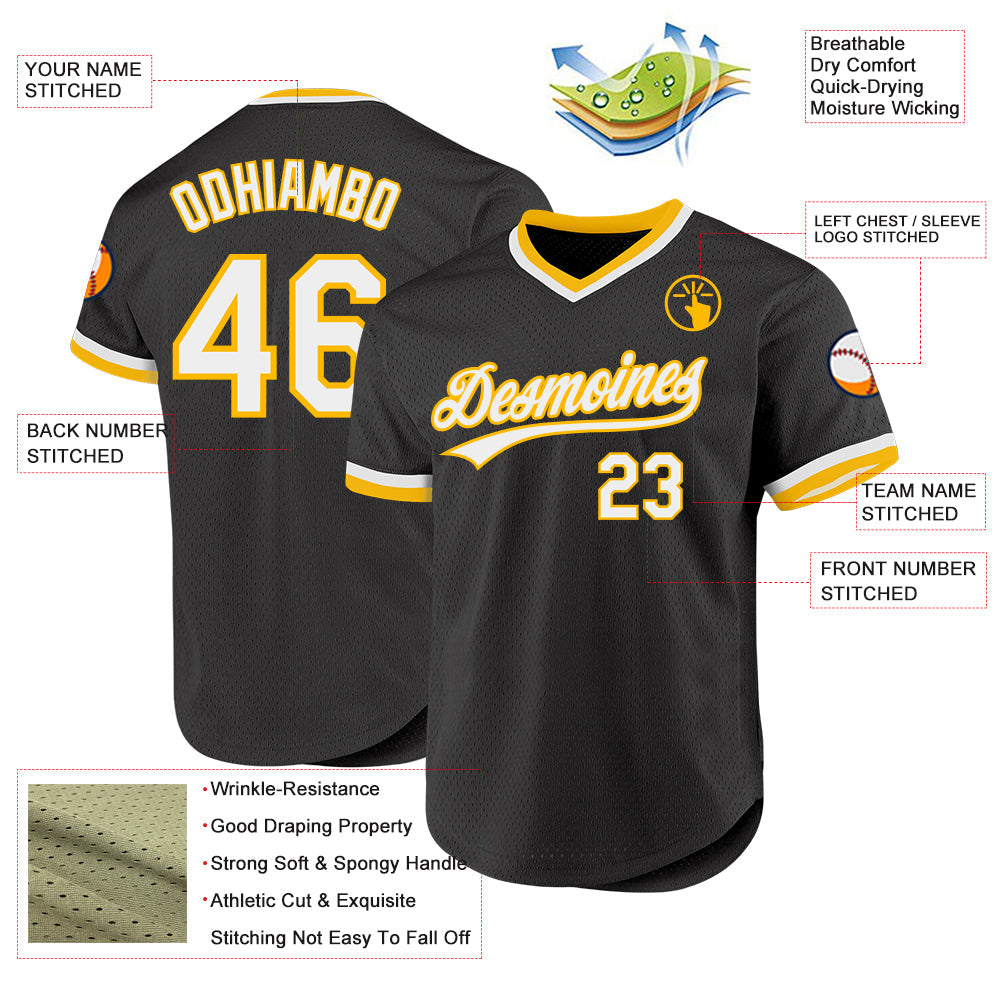 Custom Black White-Gold Authentic Throwback Baseball Jersey - Sky-Custom