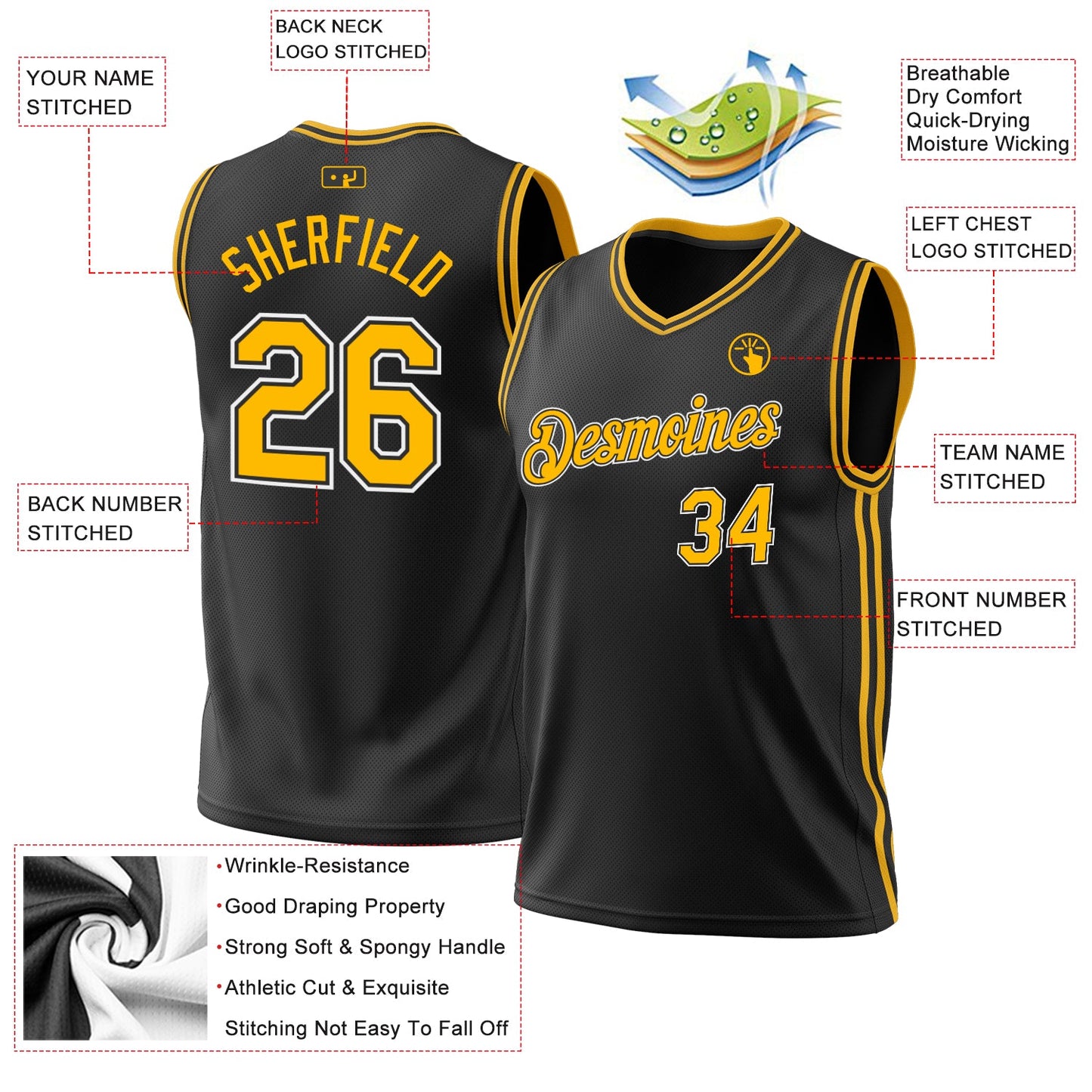 Custom Black Gold-White Authentic Throwback Basketball Jersey - Sky-Custom