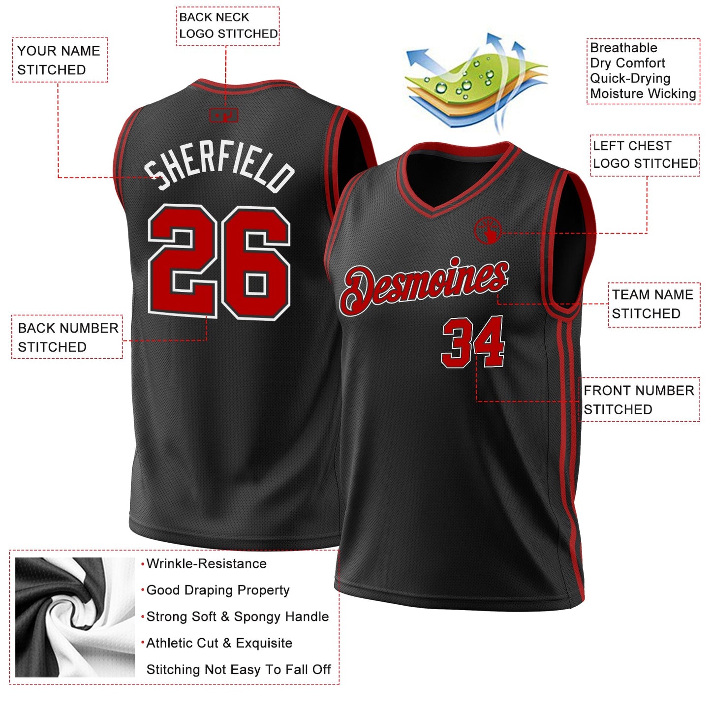 Custom Black Red-White Authentic Throwback Basketball Jersey - Sky-Custom