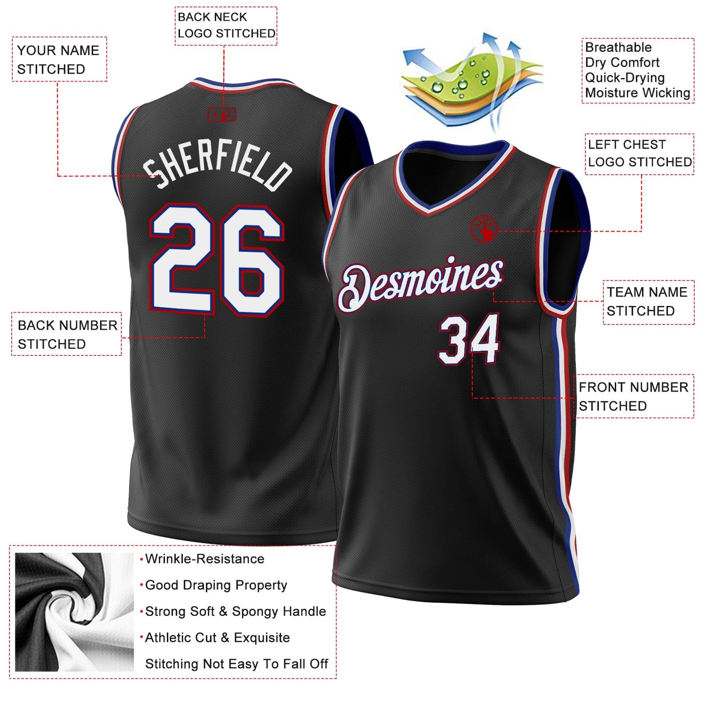 Custom Black Royal-Red Authentic Throwback Basketball Jersey - Sky-Custom