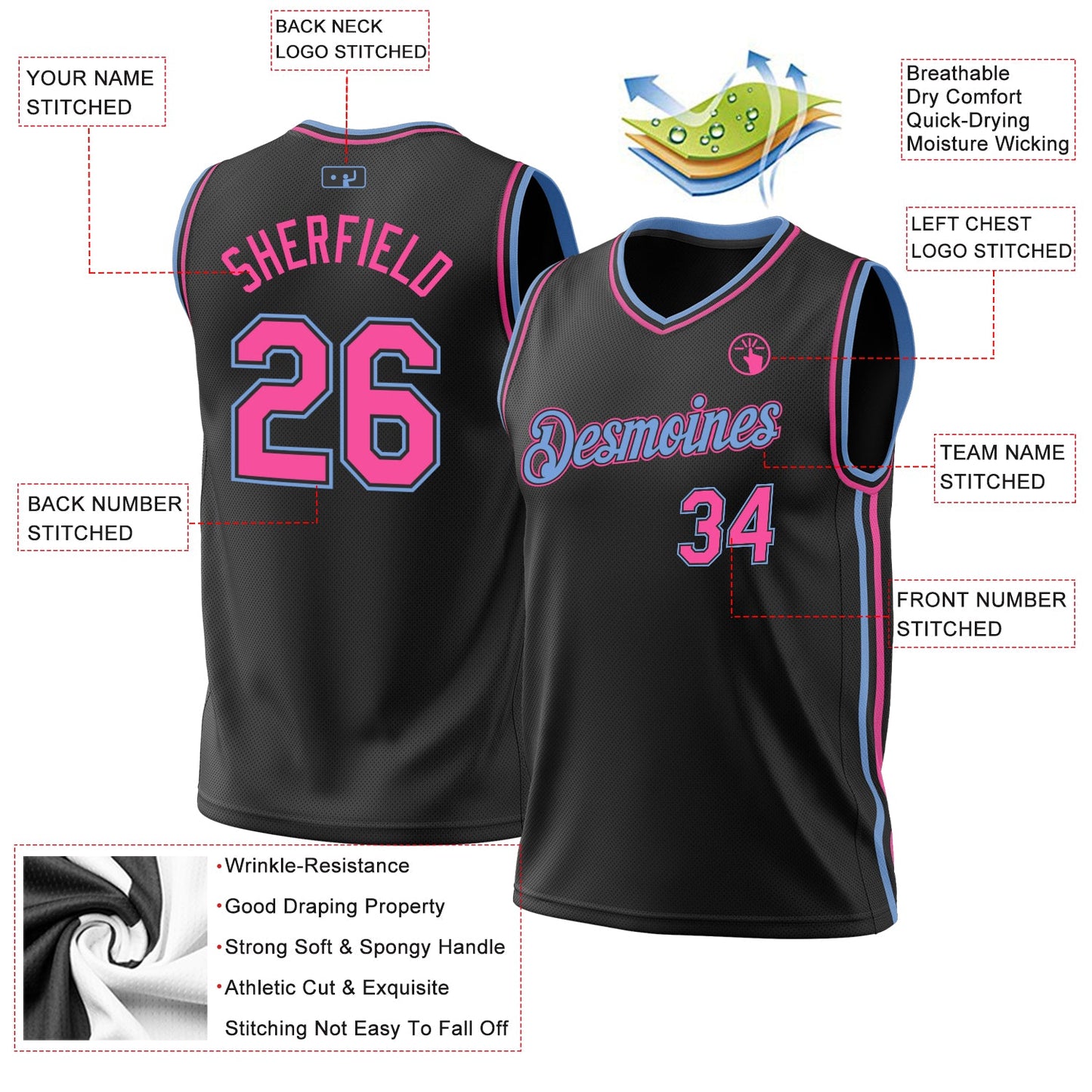 Custom Black Pink-Light Blue Authentic Throwback Basketball Jersey - Sky-Custom