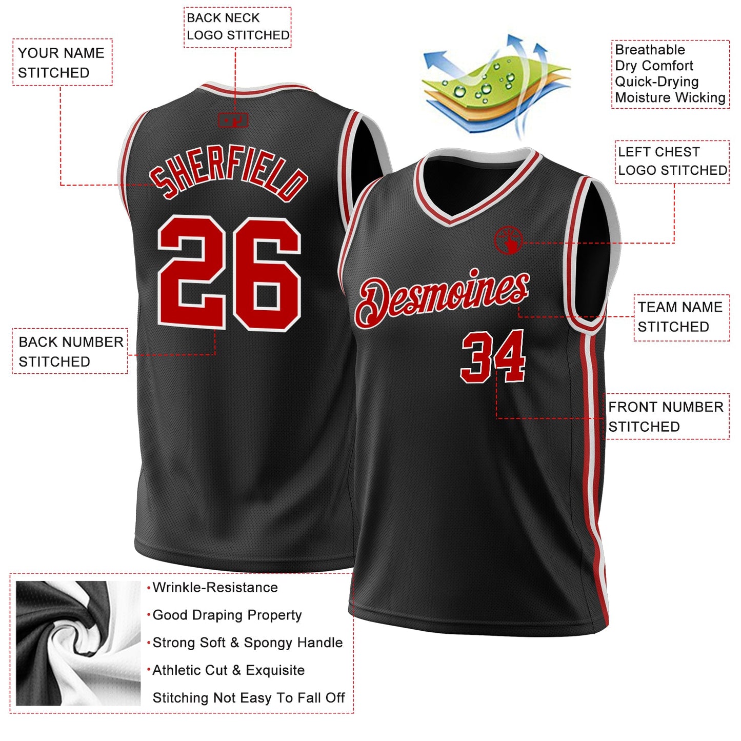 Custom Black Red-White Authentic Throwback Basketball Jersey - Sky-Custom