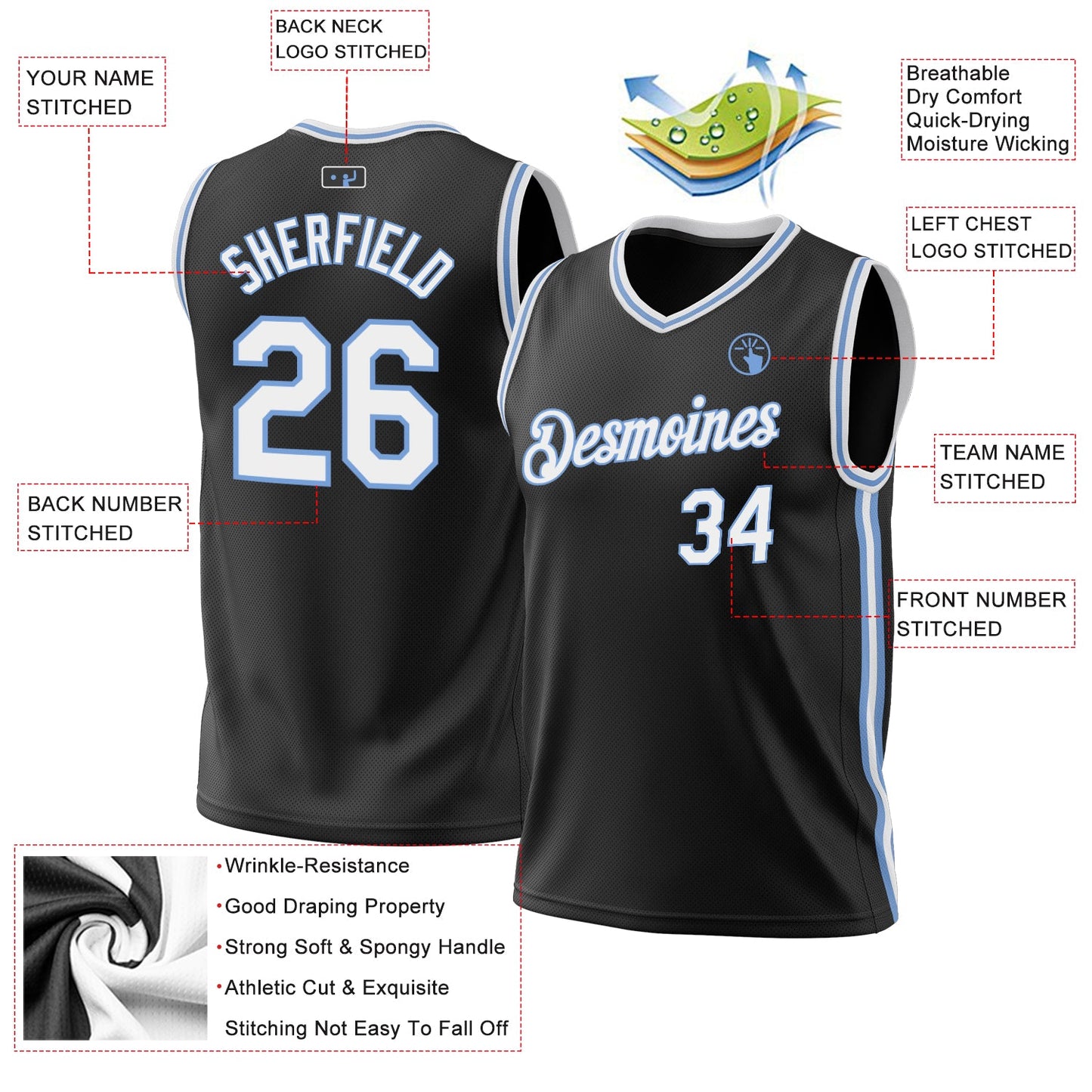 Custom Black White-Light Blue Authentic Throwback Basketball Jersey - Sky-Custom