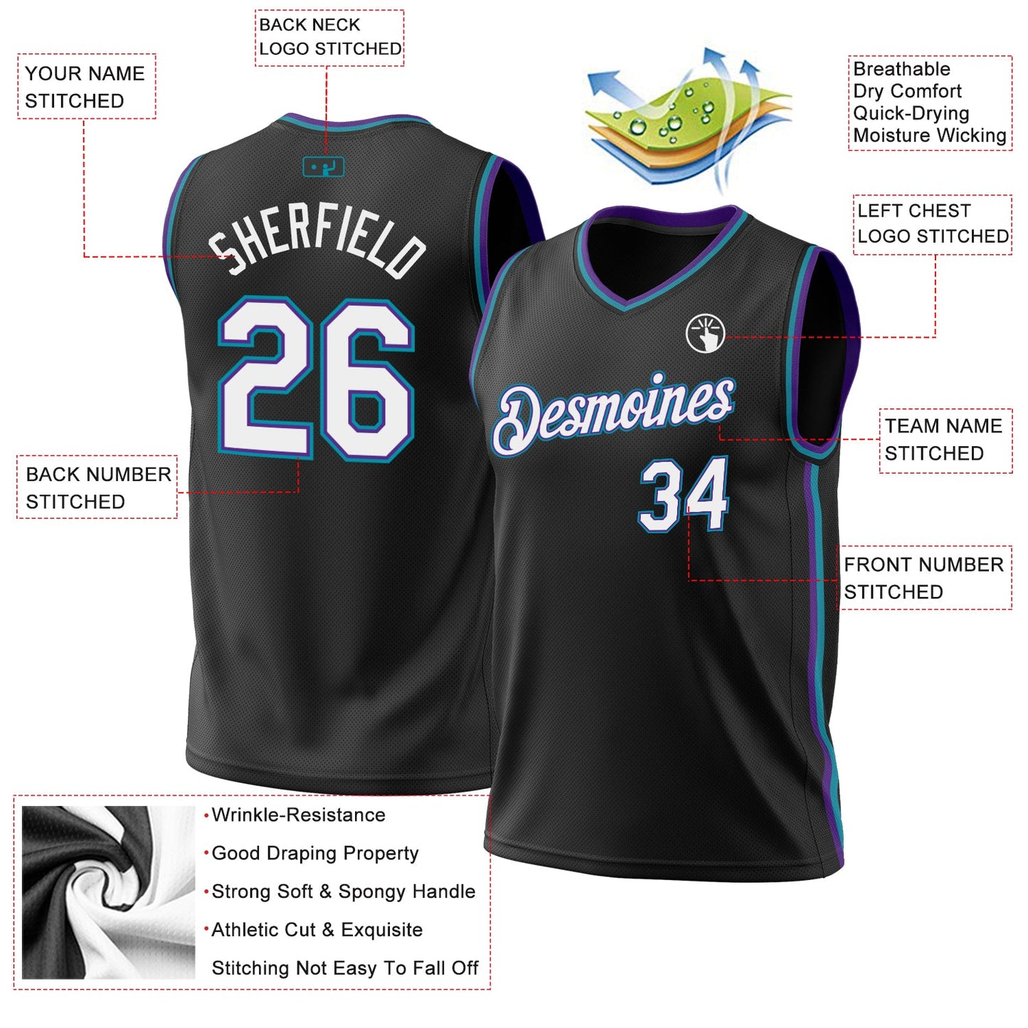 Custom Black Purple-Teal Authentic Throwback Basketball Jersey - Sky-Custom