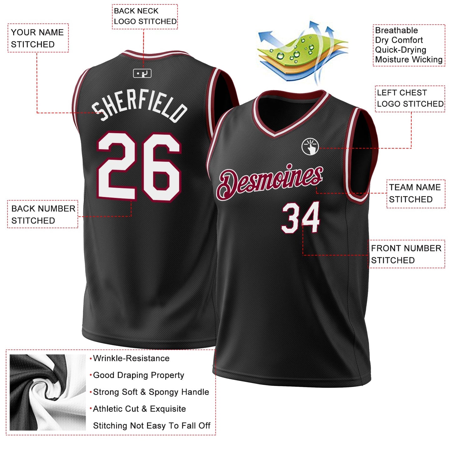 Custom Black White-Maroon Authentic Throwback Basketball Jersey - Sky-Custom