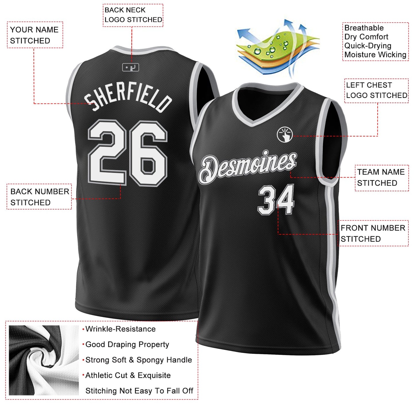 Custom Black White-Gray Authentic Throwback Basketball Jersey - Sky-Custom