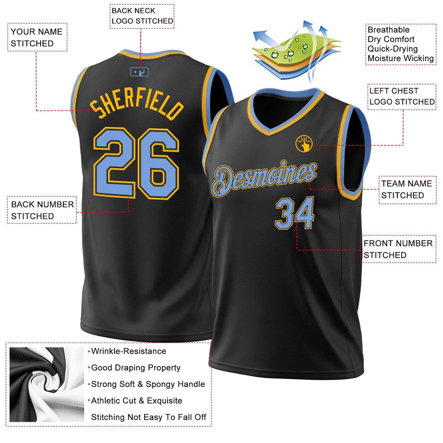Custom Black Light Blue-Gold Authentic Throwback Basketball Jersey - Sky-Custom