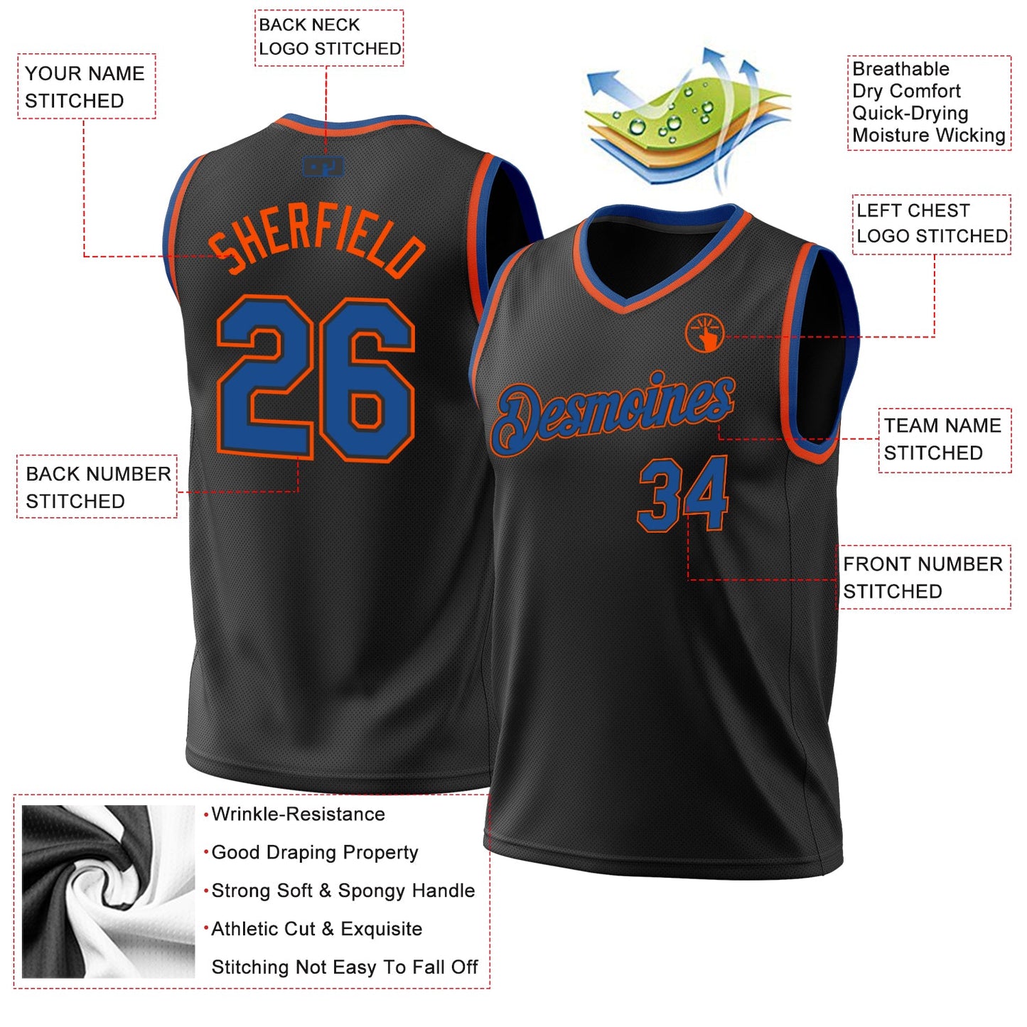 Custom Black Blue-Orange Authentic Throwback Basketball Jersey - Sky-Custom