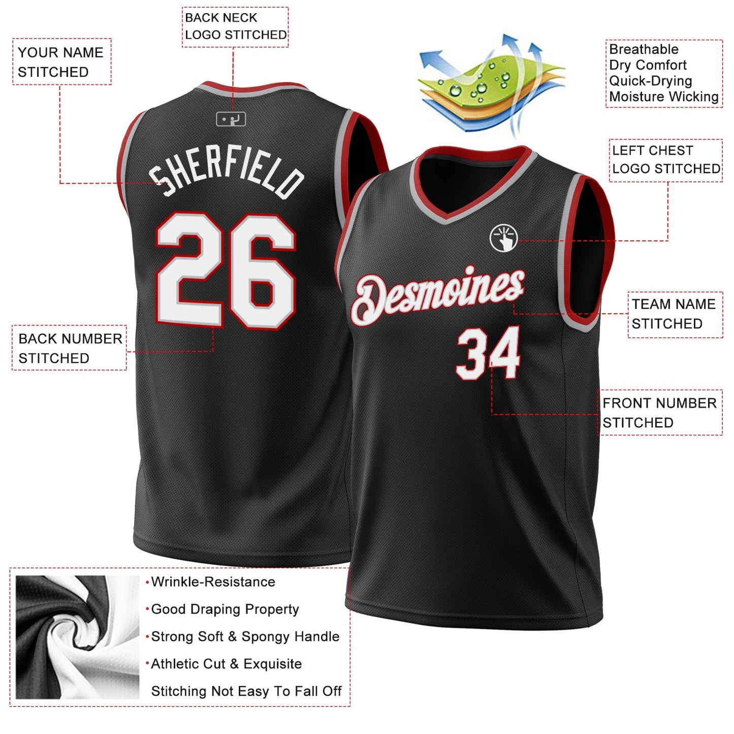 Custom Black Gray-Red Authentic Throwback Basketball Jersey - Sky-Custom