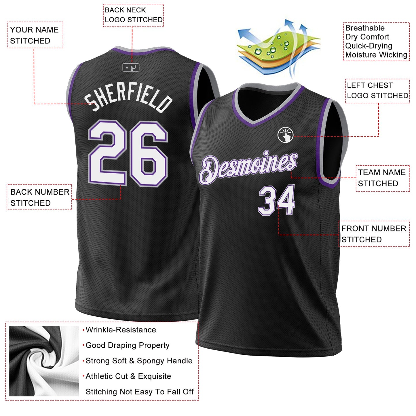 Custom Black Purple-Gray Authentic Throwback Basketball Jersey - Sky-Custom