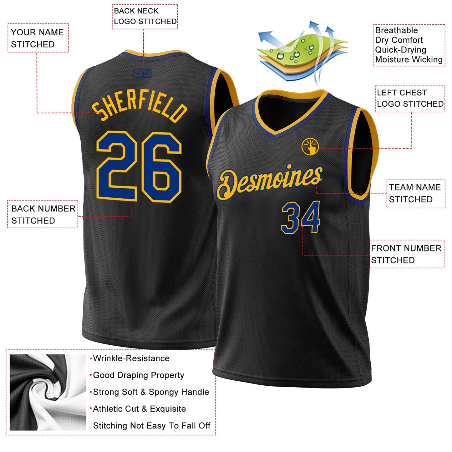Custom Black Royal-Gold Authentic Throwback Basketball Jersey - Sky-Custom