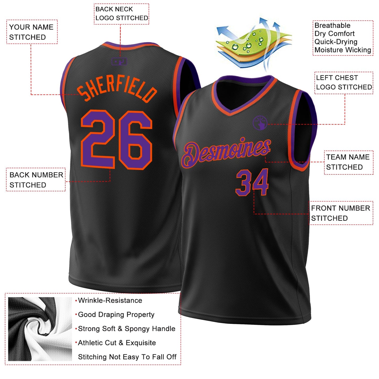 Custom Black Purple-Orange Authentic Throwback Basketball Jersey - Sky-Custom