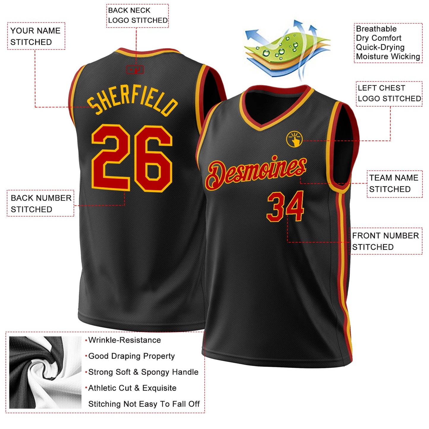 Custom Black Red-Gold Authentic Throwback Basketball Jersey - Sky-Custom