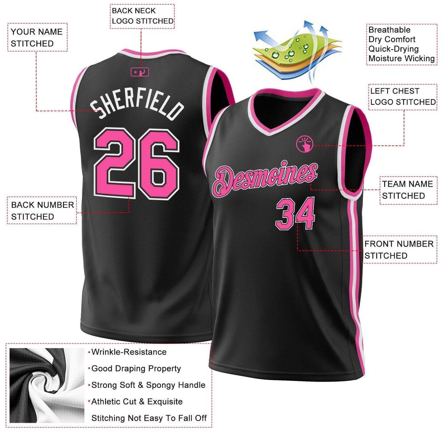 Custom Black Pink-White Authentic Throwback Basketball Jersey - Sky-Custom