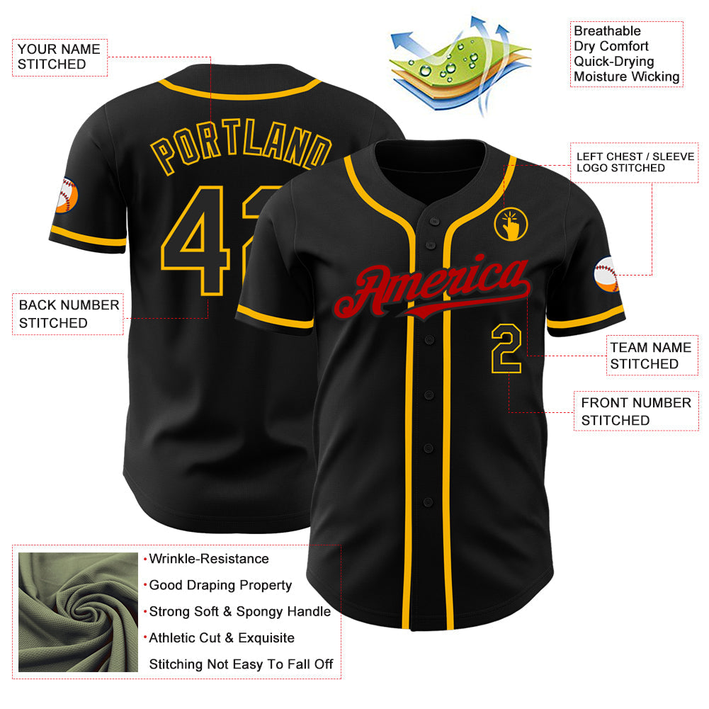 Custom Black Gold-Red Authentic Baseball Jersey - Sky-Custom