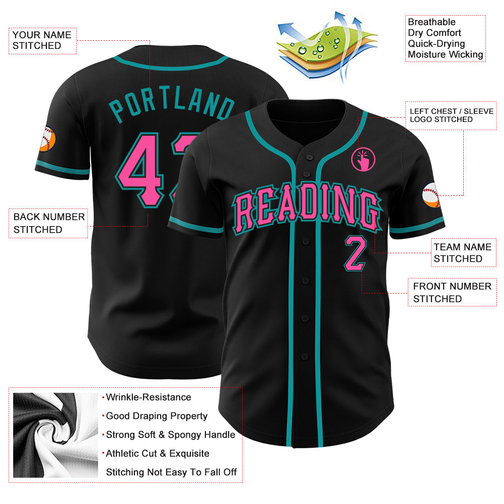 Custom Black Pink-Teal Authentic Baseball Jersey - Sky-Custom