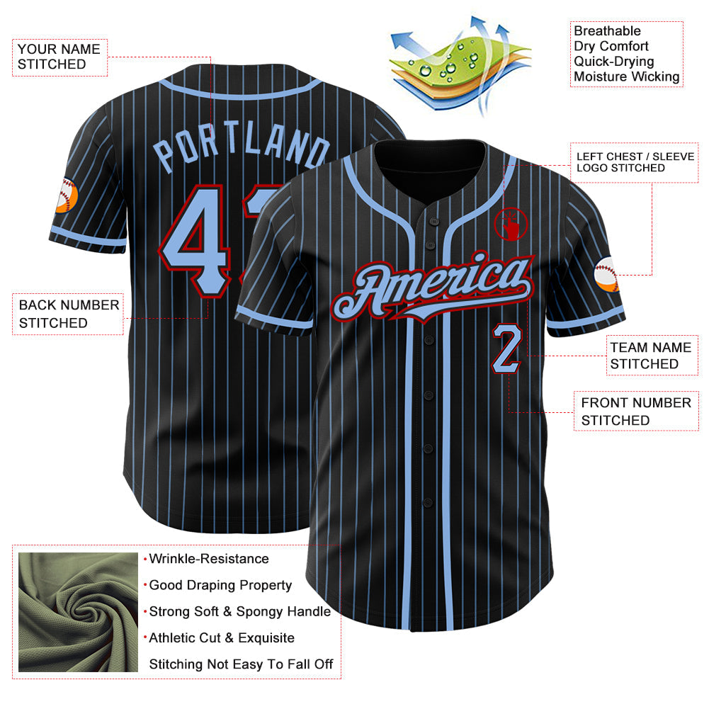 Custom Black Light Blue Pinstripe Red Authentic Baseball Jersey - Sky-Custom