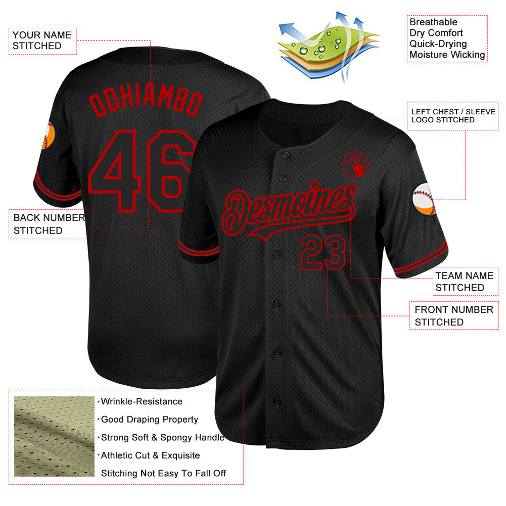 Custom Black Red Mesh Authentic Throwback Baseball Jersey - Sky-Custom