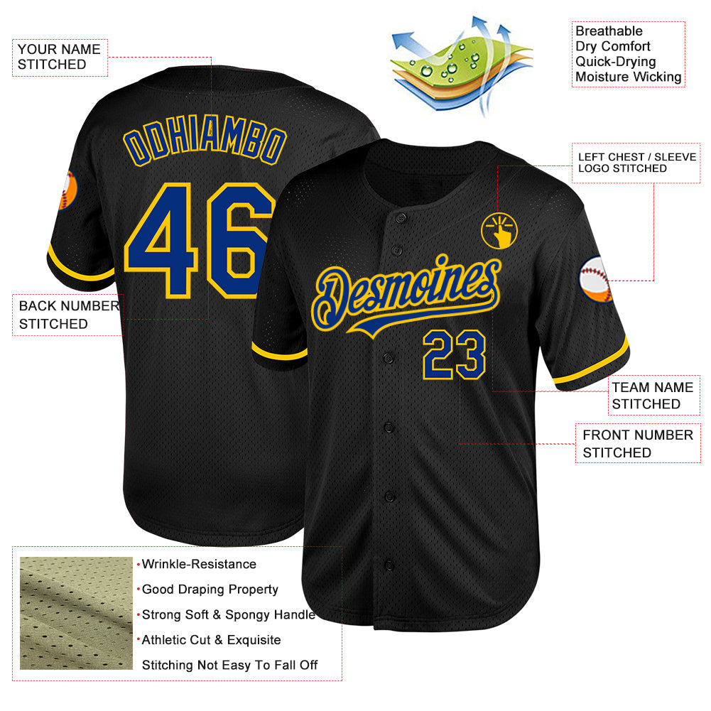 Custom Black Royal-Yellow Mesh Authentic Throwback Baseball Jersey - Sky-Custom