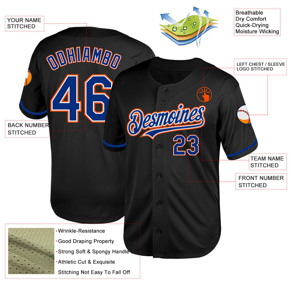 Custom Black Royal-Orange Mesh Authentic Throwback Baseball Jersey - Sky-Custom
