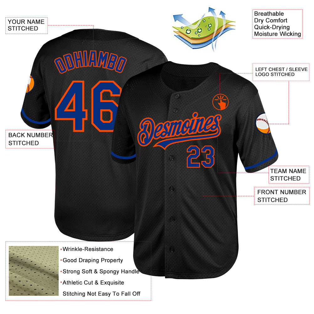 Custom Black Royal-Orange Mesh Authentic Throwback Baseball Jersey - Sky-Custom